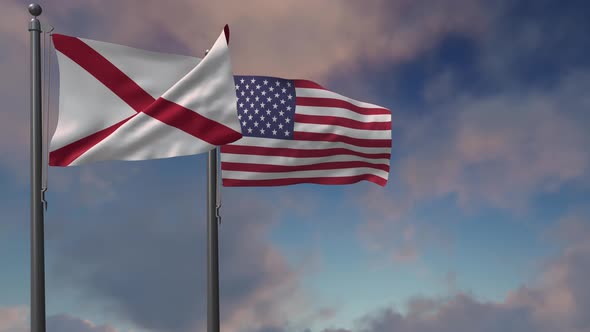 Alabama State Flag Waving Along With The National Flag Of The USA  - 4K alt