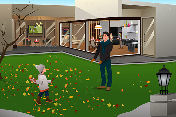 Father Son Playing Football on Thanksgiving - Seasons/Holidays Conceptual