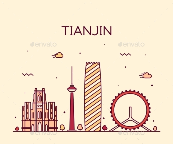 Tianjin Skyline Vector Illustration Line Art