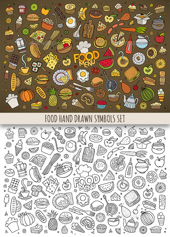 Hand Drawn Food Doodles Symbols - Food Objects