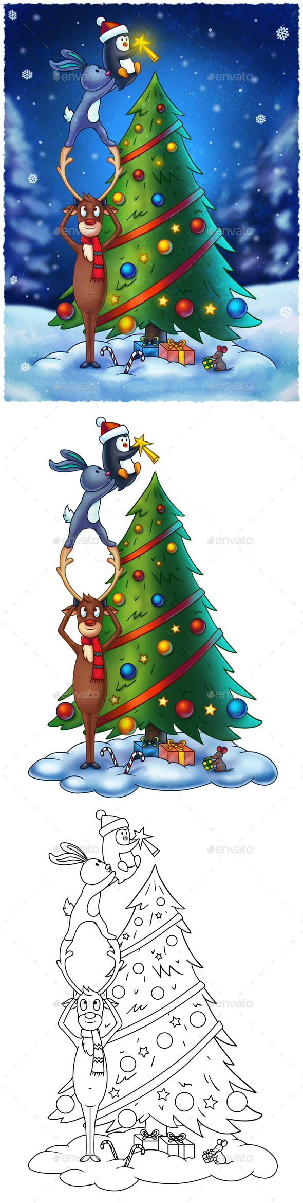 Animals Decorating a Christmas Tree - Illustrations Graphics
