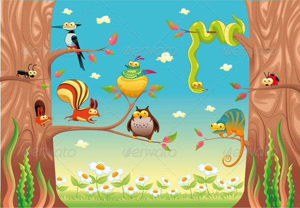 Funny animals on branches. - Animals Characters