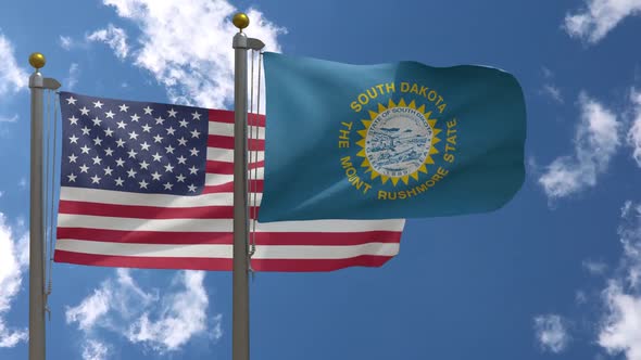 Usa Flag Vs South Dakota State Flag  On Flagpole alt