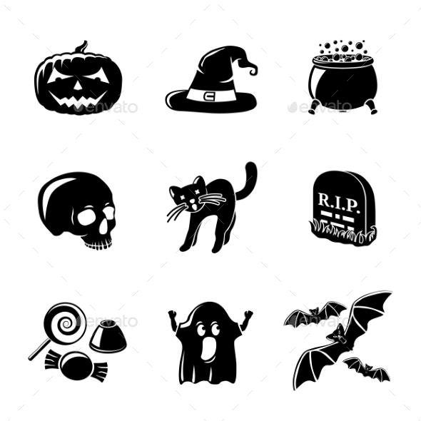Set Of Monochrome Halloween Icons -Pumpkin, Witch - Icons