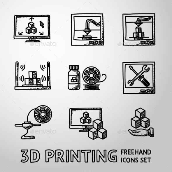 Set Of Handdrawn 3D Print Icons - Printers, Pc - Icons