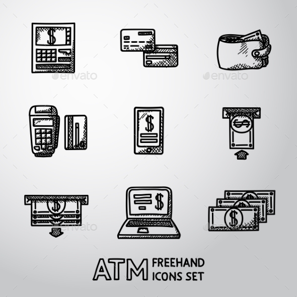 Set Of Freehand ATM Icons With - ATM, Cards - Icons