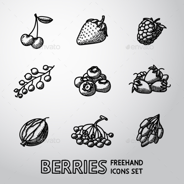 Set Of Freehand BERRIES Icons - Cherry, Strawberry - Icons