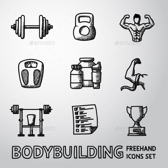 Set Of Bodybuilding Freehand Icons With - Dumbbell - Icons