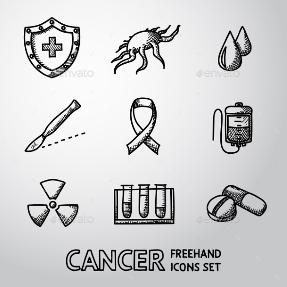 Set Of Freehand Cancer Icons With - Shield, Cell - Icons