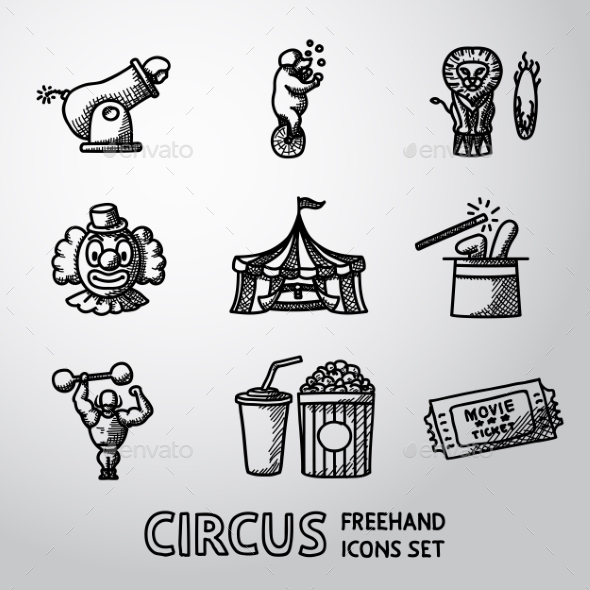Set Of CIRCUS Freehand Icons With - Clown, Cannon - Icons