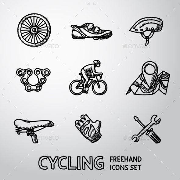 Set Of Cycling Freehand Icons - Wheel, Shoe - Icons