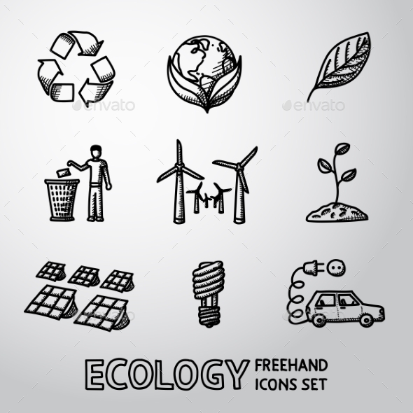 Set Of Handdrawn Ecology Icons - Recycle Sign - Icons