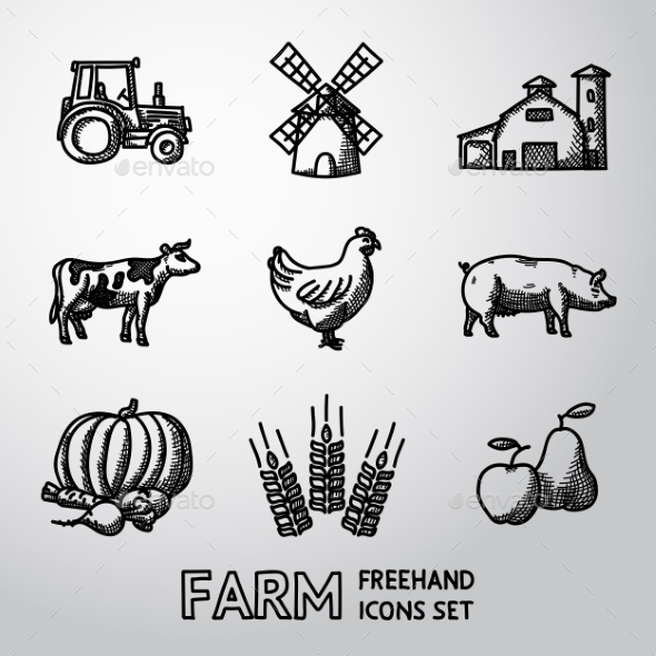 Set Of Farm Freehand Icons - Tractor, Wind Mill - Icons