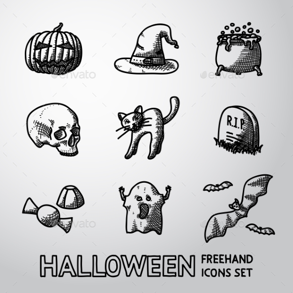 Set Of Freehand HALLOWEEN Icons -Pumpkin, Witch - Icons