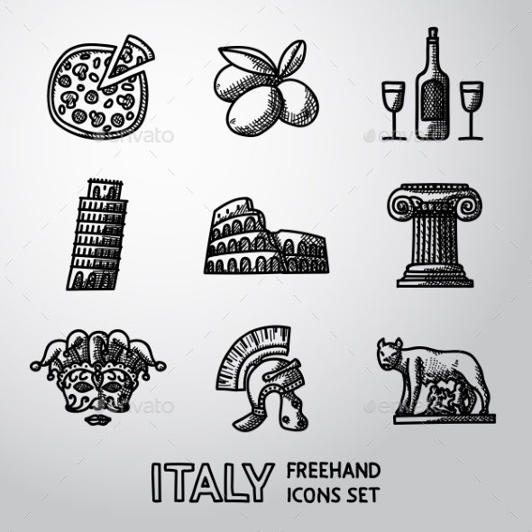 Set Of Italy Freehand Icons - Pizza, Olives, Wine - Icons