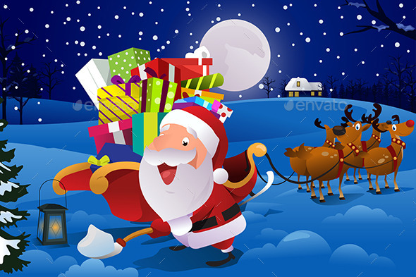 Santa Claus with Sleigh Shoveling Snow - Christmas Seasons/Holidays