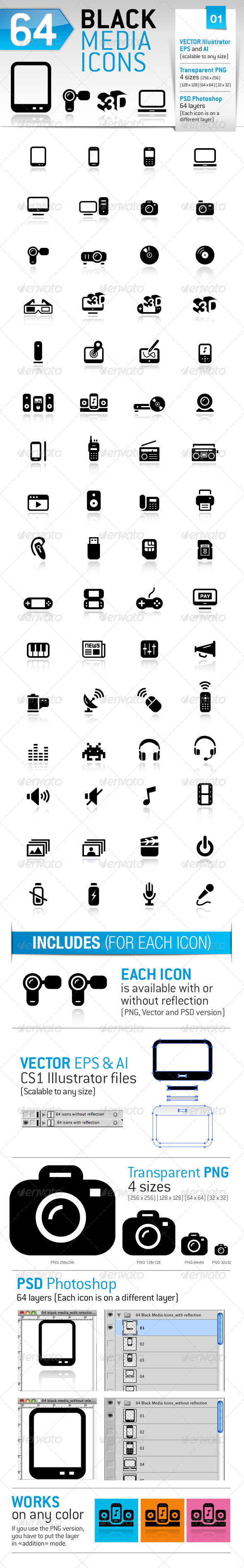 64 Black Media Icons - Media Icons