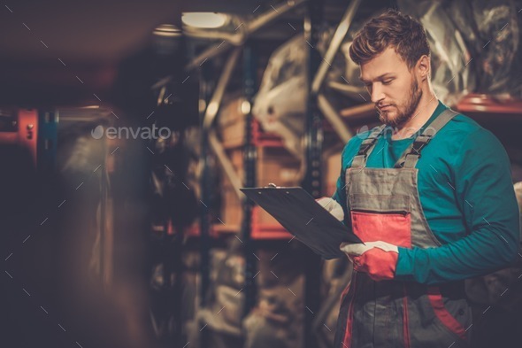 Worker on a automotive spare parts warehouse - Stock Photo - Images