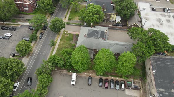 Birds eye view over Minneapolis residential area new downtown with diverse old and new architecture