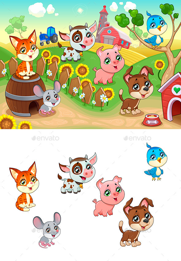 Cute Farm Animals in the Garden - Animals Characters