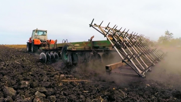 Rural Tractor Trailer Cultivating Soil Of