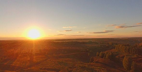 Beautiful Sunrise over Green Field and Forest