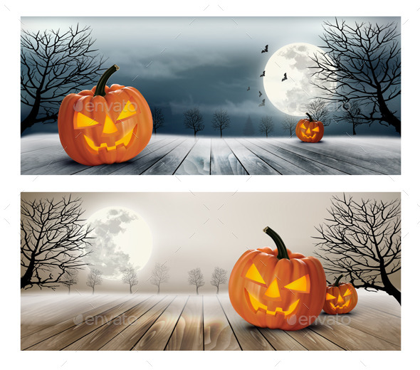 Holiday Halloween Banner with Pumpkins and Moon - Halloween Seasons/Holidays