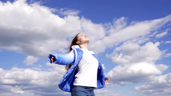 Happy Teen Child in Autumn Jacket Enjoy the Sun on Sky Background Inspiration