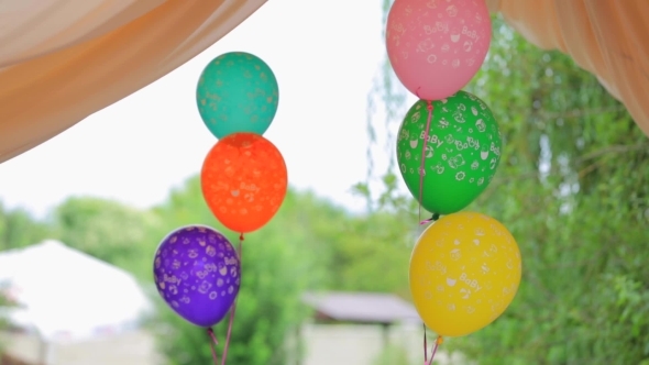 Two Bunches Of Colorful Balloons Swaying On Wind