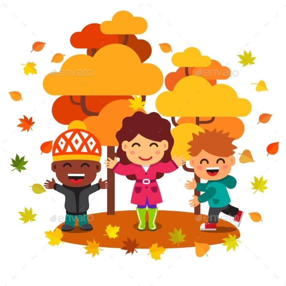Mixed Race Kids Having Fun And Playing With Leaves - Seasons Nature