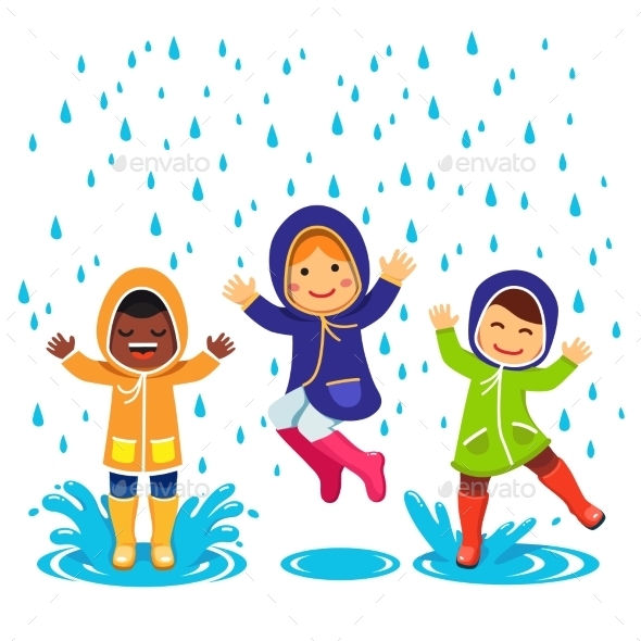 Kids In Raincoats And Rubber Boots Playing - Seasons Nature