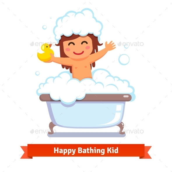 Baby Girl Taking Bath With Duck Toy And Bubbles - People Characters