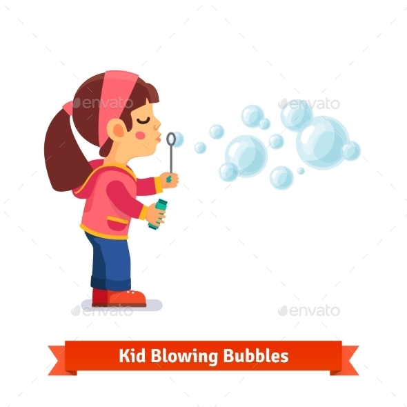 Cute Little Girl Blowing Soap Bubbles Through Wand - People Characters