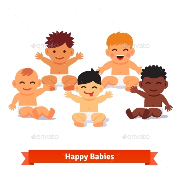 Group Of Infants. Five Mixed Race Baby Boy - People Characters