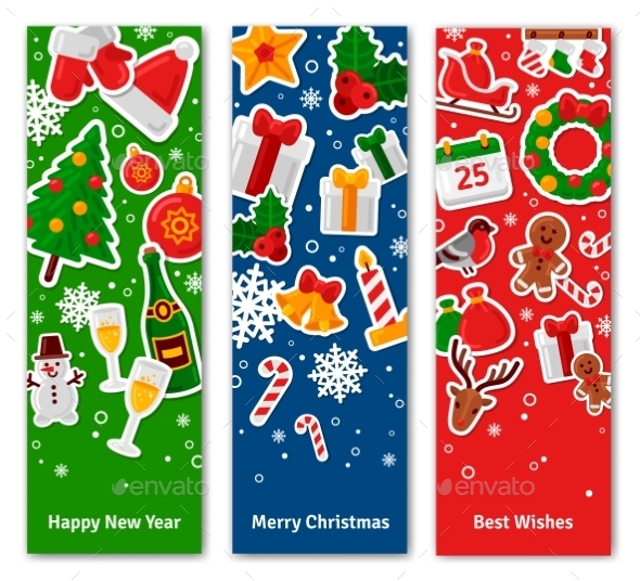 Merry Christmas Vertical Banners Set With Flat - Christmas Seasons/Holidays
