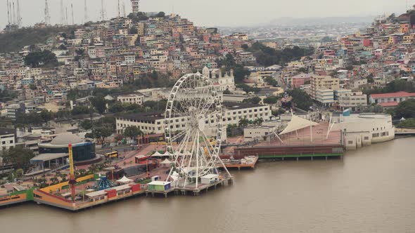 Aerial view of the sunrise on Cerro Santa Ana in Guayaquil City with view of the river. Ecuador alt