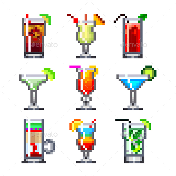 Pixel Cocktails for Game Icons Set - Food Objects