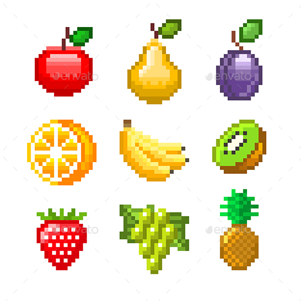Pixel Fruits for Games Icons Vector Set - Food Objects