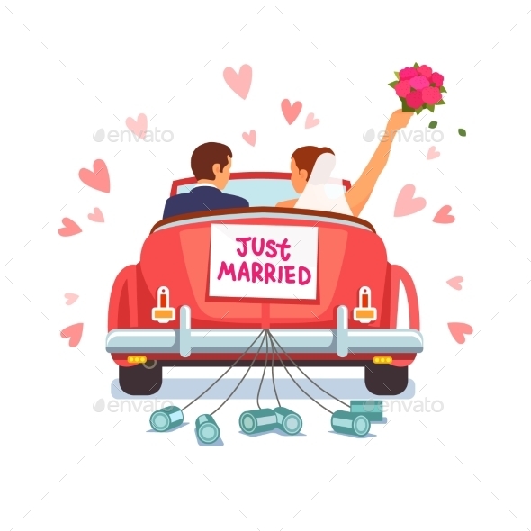 Newlywed Couple Driving Car for Honeymoon - Weddings Seasons/Holidays
