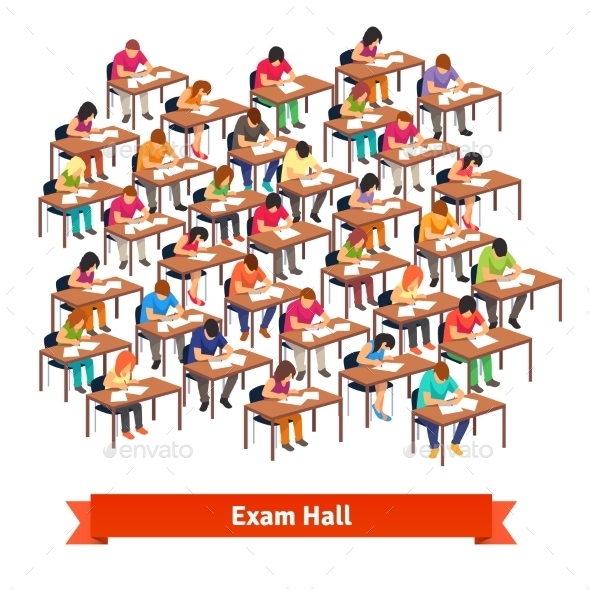 Exam Classroom Full of Students Writing a Test - People Characters
