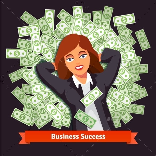 Business Woman on Pile of Dollars - Concepts Business