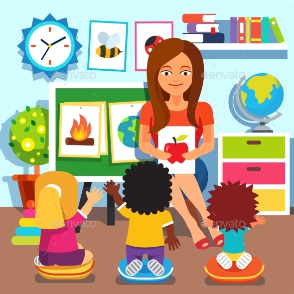 Kindergarten Children Studying in Classroom - People Characters