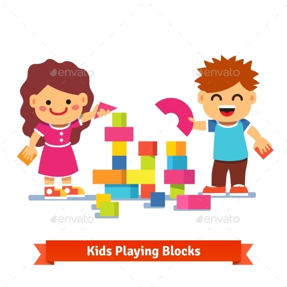 Kids Building Tower with Colorful Wooden Blocks - People Characters