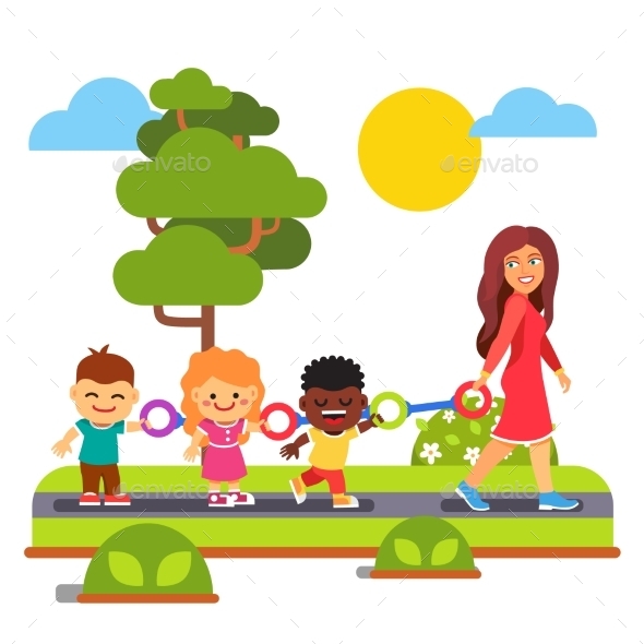 Kindergarten Teacher Walking with Kids Outdoors - People Characters