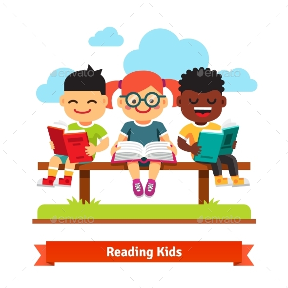Three Kids Sitting on the Bench and Reading Books - People Characters