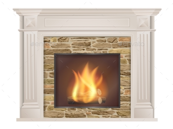 Classic Fireplace with Natural Stone and Furnace - Man-made Objects Objects