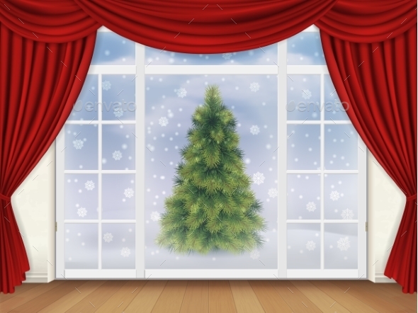 View Through a Window with Red Curtains - Miscellaneous Vectors