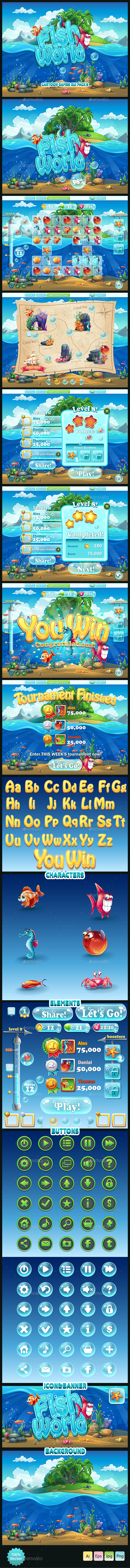 Fish world - GUI pack 9 - User Interfaces Game Assets
