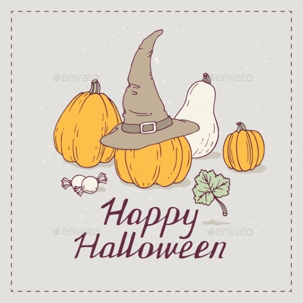 Hand Drawn Halloween Greeting Card With Pumpkins - Halloween Seasons/Holidays