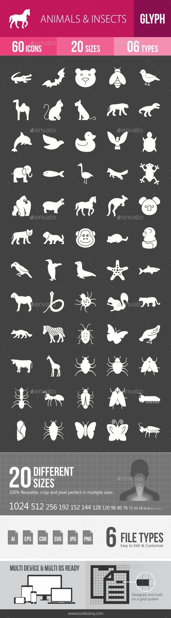 Animals & Insects Glyph Inverted Icons - Icons